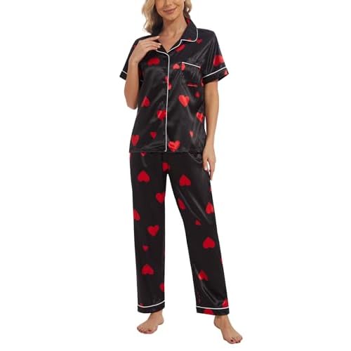 YIJIU Womens Silk Satin Pajamas Set Short Sleeve Sleepwear Soft Button Down Loungewear Two-piece Pjs Sets XS-XXL Long X-Small Black Love