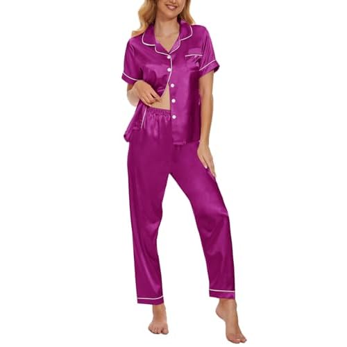 YIJIU Womens Silk Satin Pajamas Set Short Sleeve Sleepwear Soft Button Down Loungewear Two-piece Pjs Sets XS-XXL Long Medium Rose Red