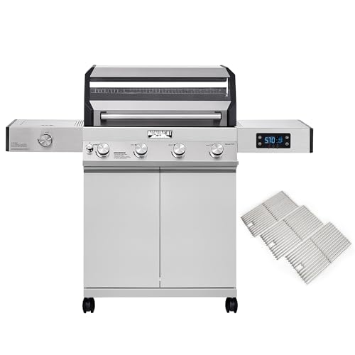 Monument Grills Denali 405 4-Burner Liquid Propane Gas Smart BBQ Grill Stainless Steel with Cooking Grids(2 items) D405 with Cooking Plate