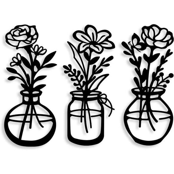 3 Pieces Metal Vase Flowers Wall Arts - Rustic Farmhouse Style Decor Metal Wall Art Black Minimalist Flower Natural Themed Wall Y250116