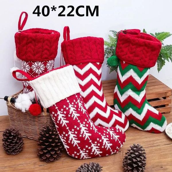 Christmas Decorations Stocking Xmas Tree Ornament Red And White Santa Candy Gift Bag Knitted Socks Prop Party Pendant Wholesale JN09