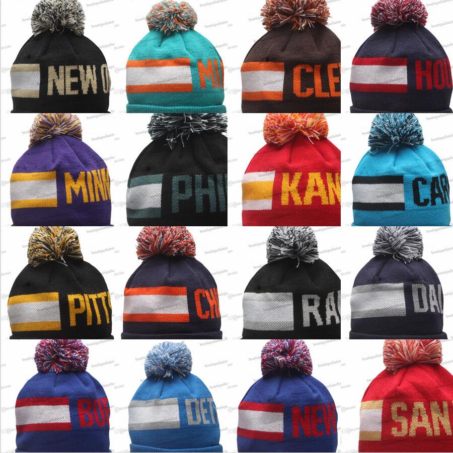 Caps Baseball-Football Side Patch Winter Knit Hat Skull Cap - Warm Striped Pompom Beanie for Women