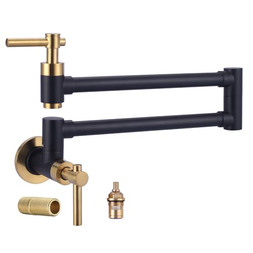 Pot Filler Faucet, Brass Wall Mount Kitchen Faucet Black & Gold Folding Stretchable with Double Joint Swing Arm Single Hole 2 Handles for Kitchen, Sto