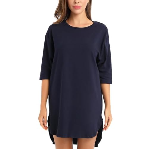 LIQQY Women's Short Sleeve Sleepshirt Solid Combed Cotton Nightgown Sleep Dress Medium Navy