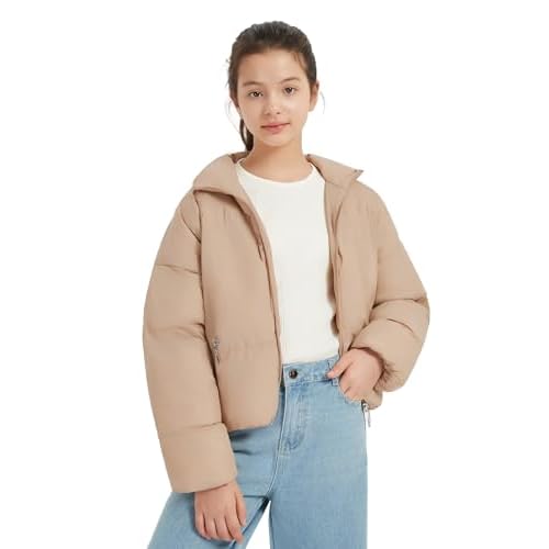 EXARUS Girls Puffer Jacket Warm Water Repellent Oversized Stand Collar Pockets Zip up Quilted Bubble Coat Regular 8 Years Apricot-regular