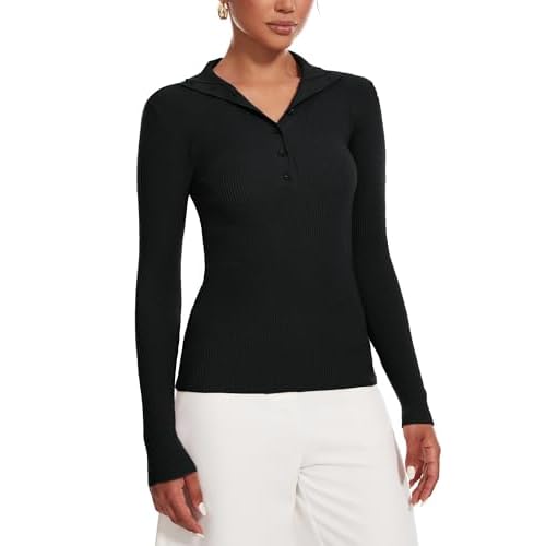 Women's 2024 Fall Button Down Lapel V Neck Long Sleeve Ribbed Knit Casual Slim Tops Black Small