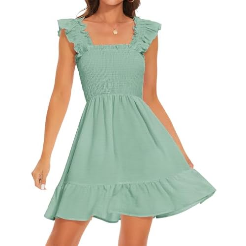 ROYLAMP Women's Smocked Dresses Square Neck Elegant Tiered Boho Ruffle Shoulder Swing Flowy Summer Casual Mini Dress Small Light Green
