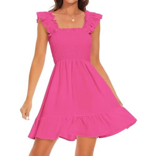 ROYLAMP Women's Smocked Dresses Square Neck Elegant Tiered Boho Ruffle Shoulder Swing Flowy Summer Casual Mini Dress X-Small Rose Red