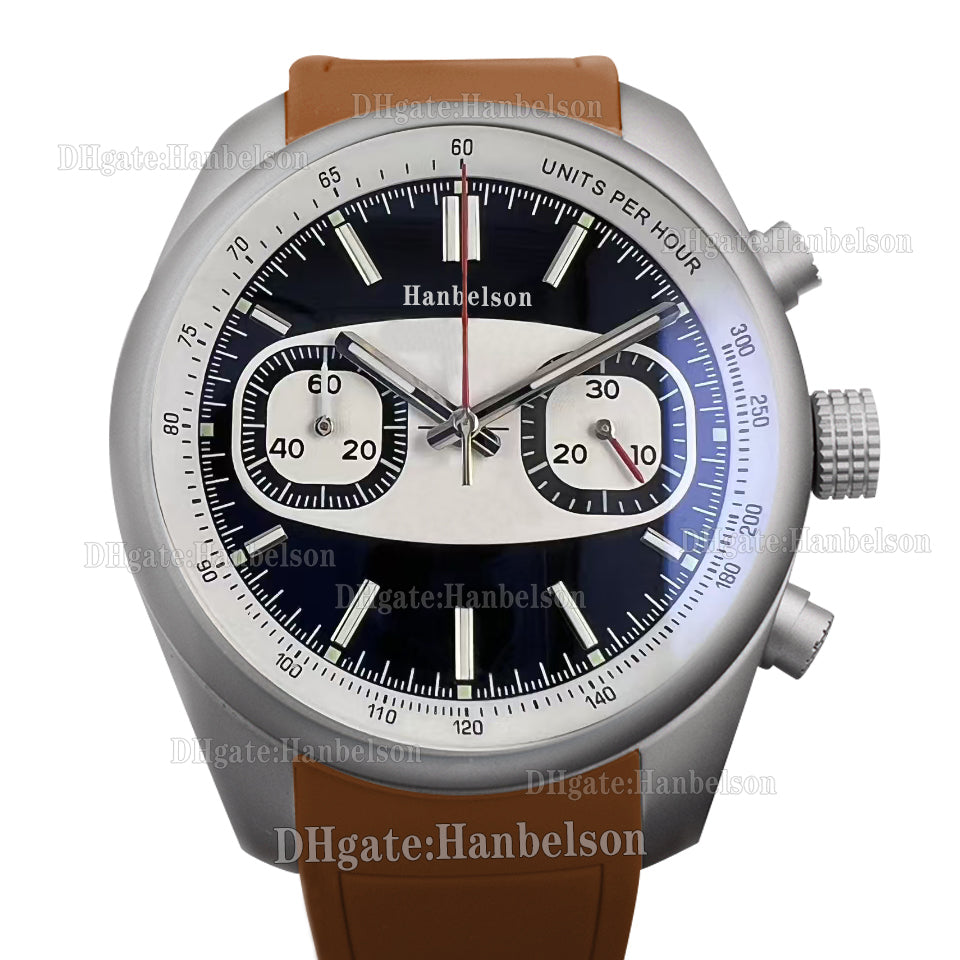 Men Watches Brown Leather strap Battery Chronograph Quartz Movement Silver Case Wristwatches Luxusuhr Hanbelson 44mm Clock