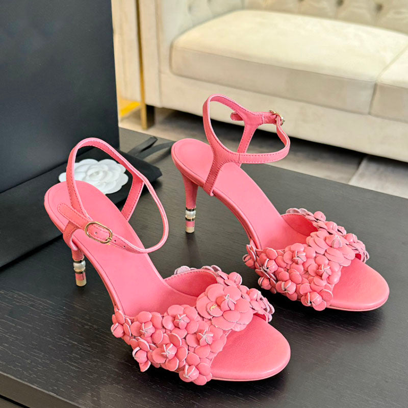 Womens Slingbacks Dress Shoes Lambskin Designer Stiletto Heels 8cm Sandals 24ss Camellia Flower Wedding Shoe Ladies For Party Leisure Shoe Peach Bla