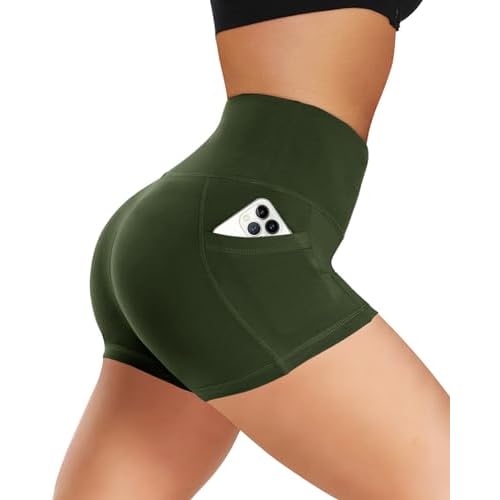 Biker Shorts Women with Pockets - 3"-5"-8" High Waisted Soft Tummy Control Workout Shorts for Yoga Athletic Gym Army Green X-Small 3 IN