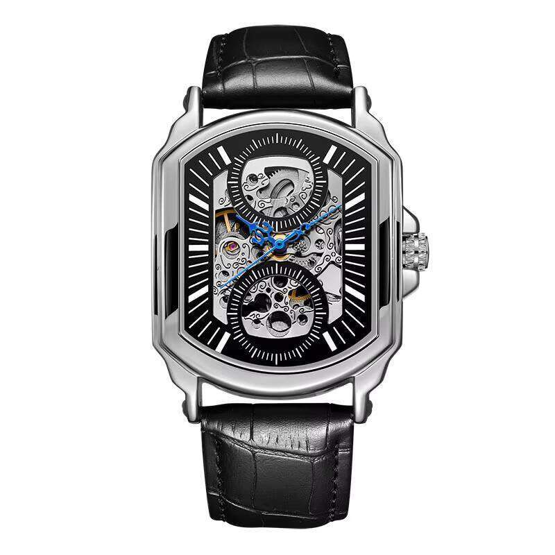 DHgadgets Fashion Men&#039;s Automatic Mechanical Skeleton Sports Clock Leather Casual Business Watch Relojes Hombre