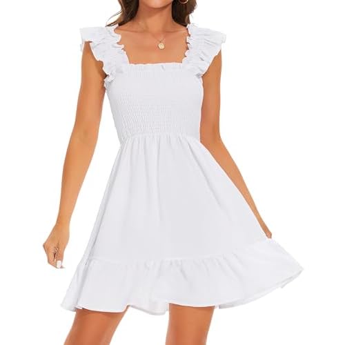 ROYLAMP Women's Smocked Dresses Square Neck Elegant Tiered Boho Ruffle Shoulder Swing Flowy Summer Casual Mini Dress Large White