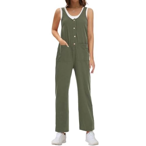 ROYLAMP Women's Summer Jumpsuits Strap Sleeveless Button V-Neck Wide Leg Casual Baggy Overalls Rompers with Pockets Small Armygreen