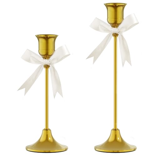 FSyueyun Gold Candle Holders Set of 2, Elegant Metal Candlestick Holders for Vintage Taper Candle Holders, Perfect for Table Centerpieces, Fireplace M