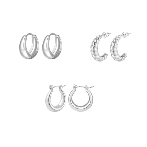 3 Pairs 14K Gold Plated Hoop Earrings Set for Women Chunky Hoops Twisted Huggie Hoop Multipack Hypoallergenic Earrings for Women Gift silver