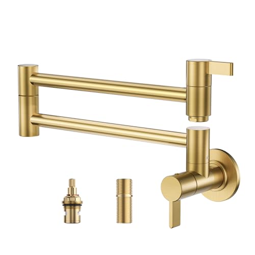 Brushed Gold Pot Filler Faucet, ARCORA Modern Pot Filler Wall Mount Folding Faucet 2 Handle with Double Joint Swing Arms Brass Stove Fixture