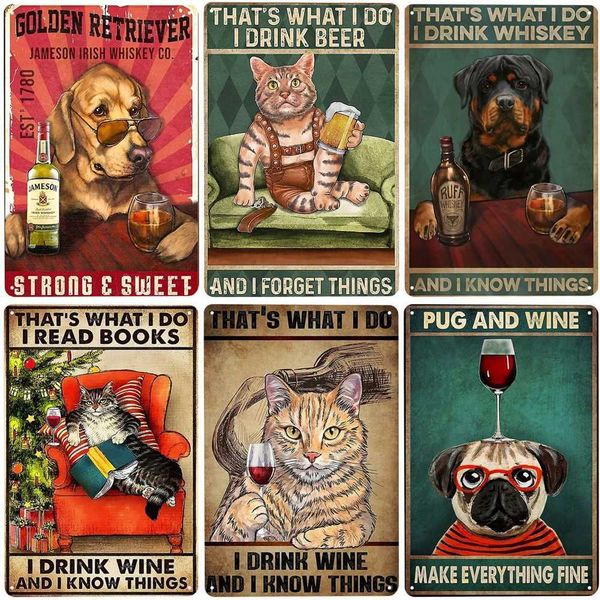 Cats and Wine Retro Metal Logo Dog and Beer Wall Decoration Bar Home Club Make Night a Gin Tin Poster Funny Board N464 Z250118