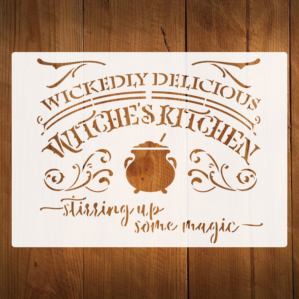 TEMU Large Kitchen Stencil - 8.27x11.69 Inch Reusable Gothic Lettering & Cauldron Cutouts With Wavy Leaf & Swirl Patterns For Paint, Scrapbooking,