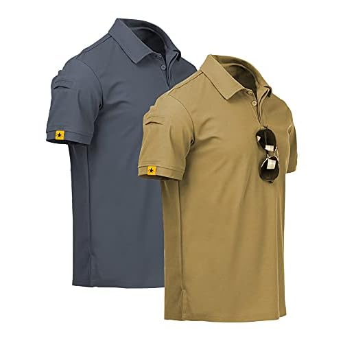 ZITY Mens 2 Pack Polo Shirts Short Sleeve Performance Sports Golf Shirt for Men Tactical Shirt Large Khaki Grey