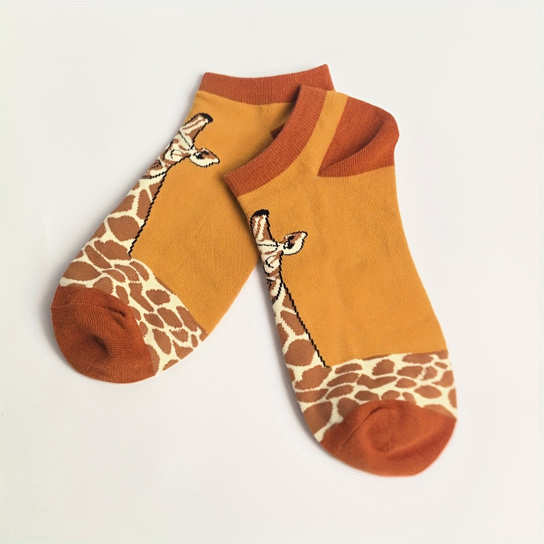 TEMU Women's Spring-summer Cartoon Giraffe Print Socks - Stylish Yellow & Brown Knit Shorts With , Casual Attire, Casual Socks | Animal Print | Knit