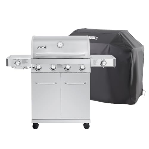 Monument Grills Larger 4-Burner Propane Gas Grills Stainless Steel with BBQ Cover(2 Items), Outdoor Use Grill with BBQ Cover