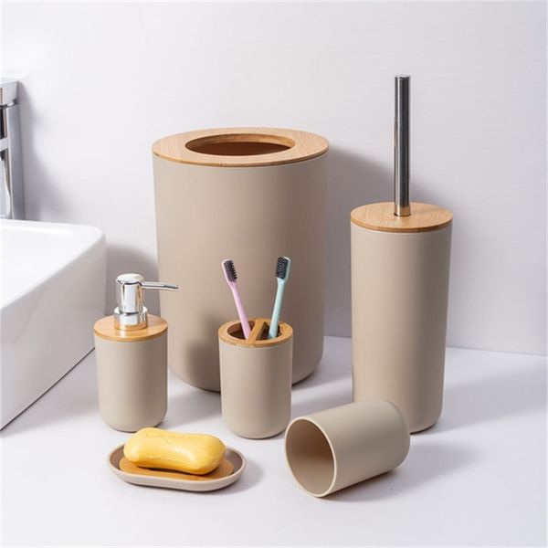 Toothbrush Holders High end bamboo room 6Piece set bathroom accessories set toothbrush soap dispenser trash can toilet brush Bathroom Set 22
