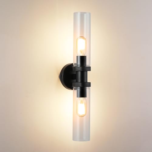 2 Light Vanity Light Side Mirror Farmhouse Bathroom Fixtures Black, E26 Wall Lamps for Bedroom, Industrial Lighting, Modern Lights With Glass Shade Bl