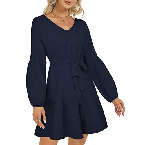 ROYLAMP Women's Tunic Dresses Long Sleeve V Neck Plaid Tie Waist Ruffle Swing Shift Casual Mini Dress with Pocket X-Large Navy Blue