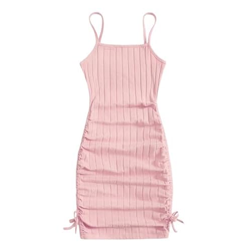 EXARUS Girls Bodycon Tight Spaghetti Strap Mini Short Dress Ribbed Knit Summer Sleeveless Ruched Pencil Dresses 8-14Y 14 Years Ruched Side Pink
