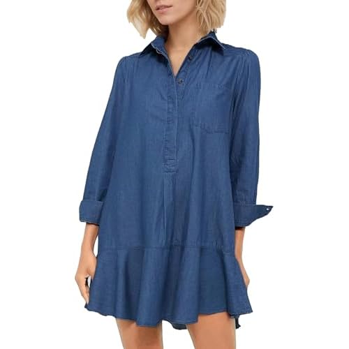 Women's Long Sleeve Denim Shirt Dress Flowy Babydoll Mini Button Down Loose Fit Casual Party Spring Summer Tunic