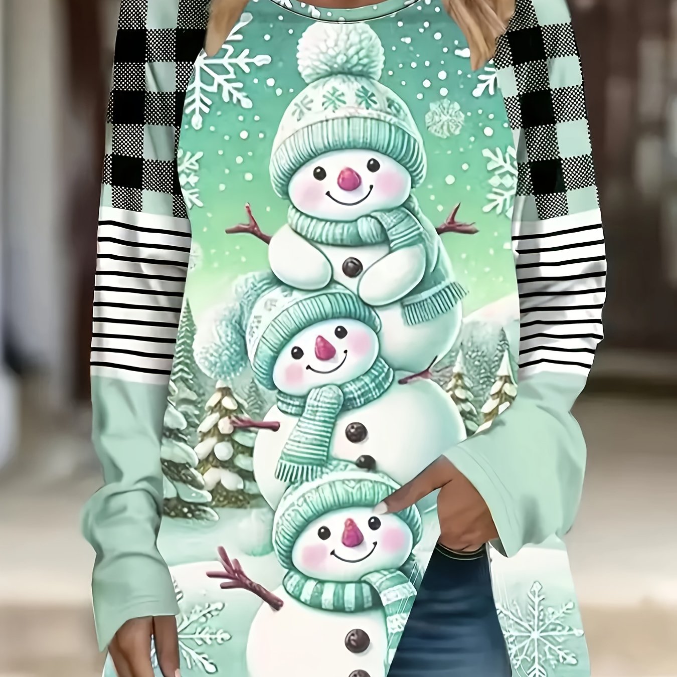 TEMU Plus Size - Women's Plus Size Long Sleeve T-shirt, Christmas Cartoon Snowman Print, Round Neck, Fabric, Polyester, Stretchy, Pullover Top,