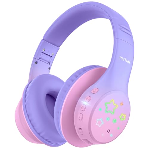 EarFun K4 Kids Bluetooth Headphones, Wireless Headphones with LED Lights, 74-85-94dBA Volume Limited, Built-in Mic, 90H Playtime, Bluetooth 5.4 Over E