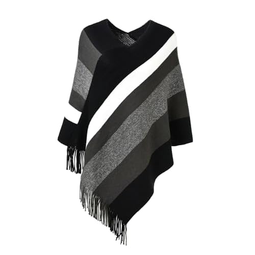 Ferand Women's Striped Poncho Sweater Cozy Knit Fringe Shawl Wraps for Fall Winter Black & Grey