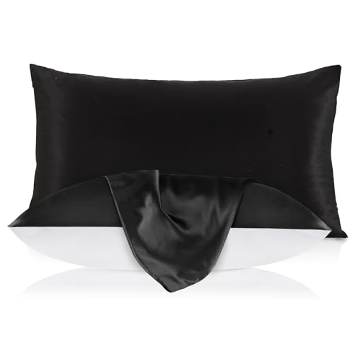 LILYSILK 100% Pure Mulberry Silk Pillowcase for Hair and Skin 19 Momme, Cotton Underside, Soft Pillow case Cover with Hidden Zipper 1Pc, Black, Queen