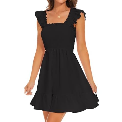 ROYLAMP Women's Smocked Dresses Square Neck Elegant Tiered Boho Ruffle Shoulder Swing Flowy Summer Casual Mini Dress Large Black