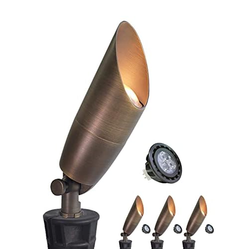 MALORY Solid Brass Landscape Spotlight 4-Pack with Bulb(S06), Low Voltage Front and Backyard Landscape Lighting with Large Rugged Slot Spike & Wire Co