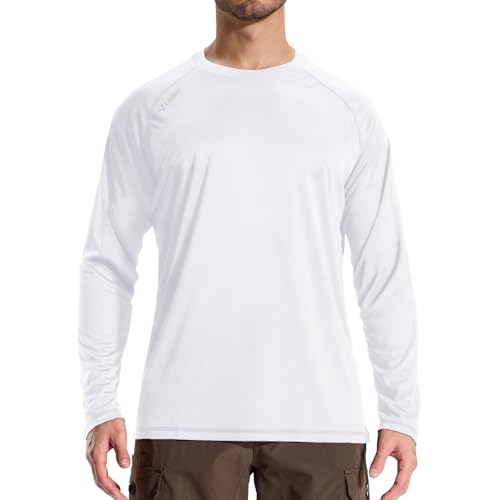 LOOGU Men's UPF 50+ UV Sun Protection SPF Rash Guard Lightweight Long Sleeve Shirts Outdoor for Fishing Hiking Swimming White Medium