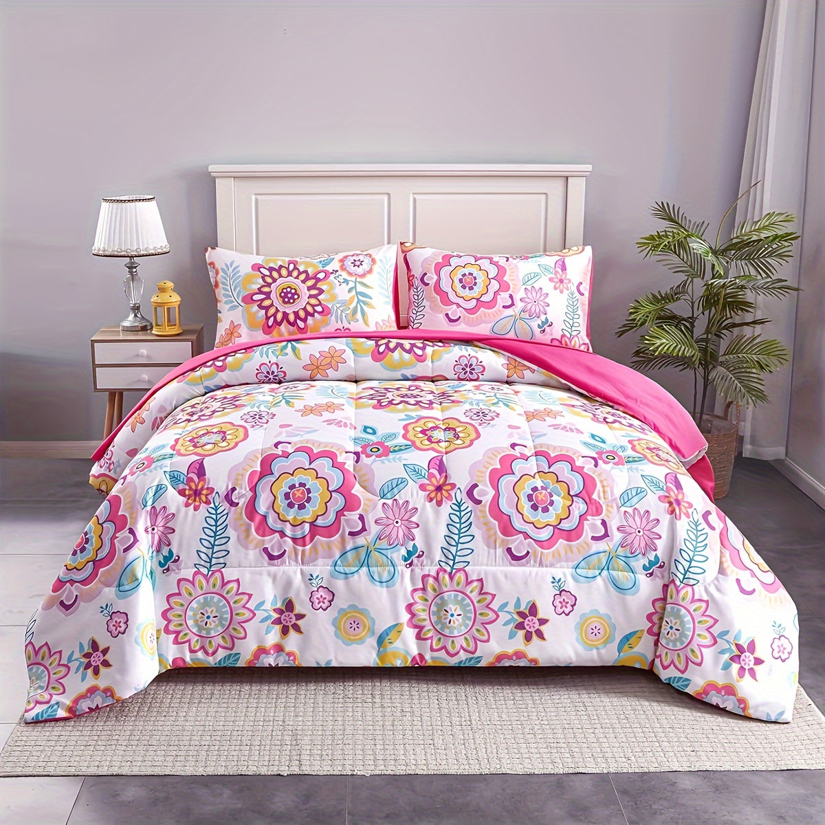 TEMU 4-5pcs Vibrant Flowers Print Comforter Sets (1*comforter + 1*flat Sheet + 1*fitted Sheet + 1-2*pillowcase Without Filler)bed In A Bag Comforter