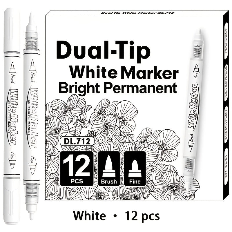 TEMU 12-pack Dual Tip Straight Liquid Markers - Universal Pvc Art Highlighters, High-capacity, & , Versatile For Paper, Ceramics, Stone, Plastic -