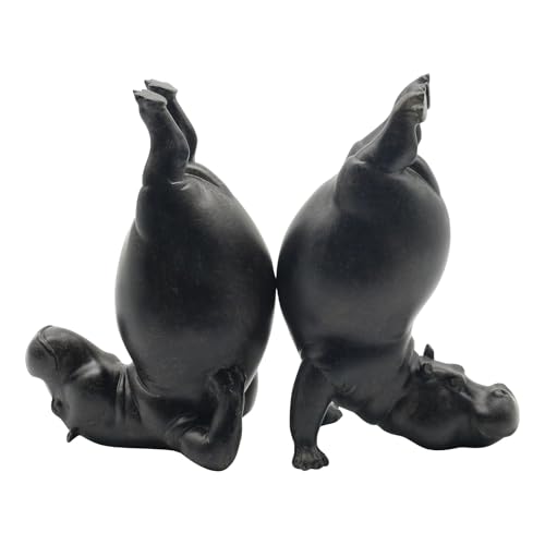 Lukitas Upside Down Hippo Decorative Bookends, Non-Slip Book Holders, Whimsical Animal Ornaments for Office Home Bookshelf Decor, Black, Resin 8.5''