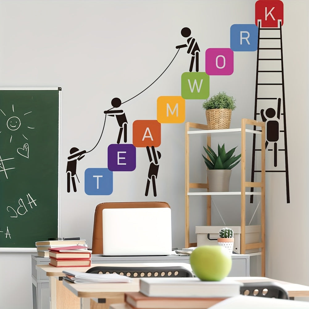TEMU Teamwork Achieves More" Colorful Wall Sticker - Self-adhesive Pvc, Contemporary Office & Meeting Room Decor With Ladder And Letter Design,