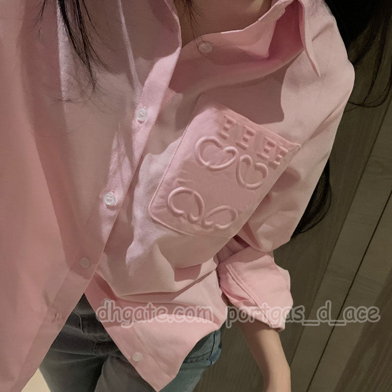 Designer Women Pink Blouse Luxury Long Sleeve Lapel Neck Pocket Shirts Spring Casual Daily OL Tops