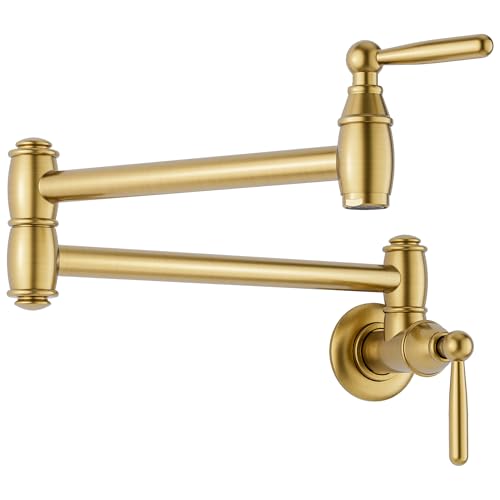 Gold Pot Filler Wall Mount, ARCORA Pot Filler Faucet 2 Handle with Double Joint Swing Arms Brass Stove Faucet Brushed Gold