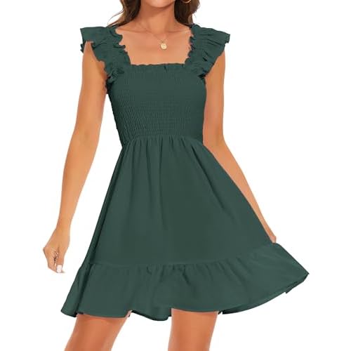 ROYLAMP Women's Smocked Dresses Square Neck Elegant Tiered Boho Ruffle Shoulder Swing Flowy Summer Casual Mini Dress X-Large Dark Green