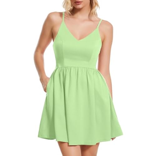 ROYLAMP Women's Casual Spaghetti Strap Dresses Elegant V-Neck A-line Swing Petite Tiered Short Mini Dress with Pockets Medium Lightgreen