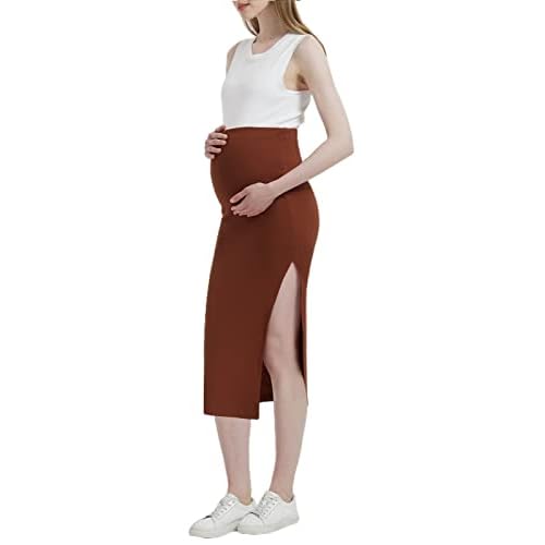 EXARUS Women's Maternity Skirt Over The Belly Midi High Waist Side Slit Office Wear Pregnancy Outfits Pencil Skirts X-Large Ribbed Brown
