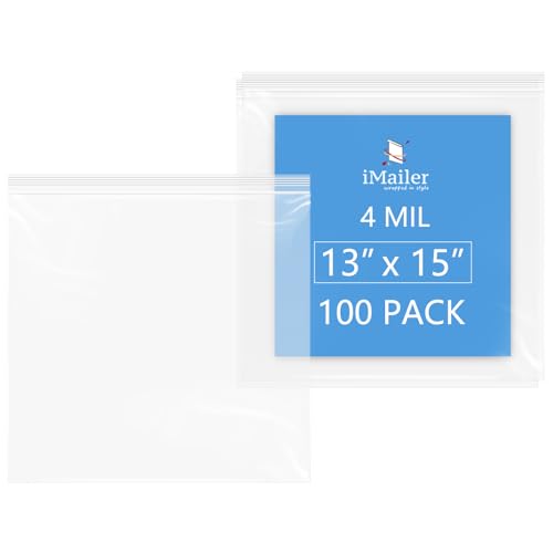 iMailer - 4 Mil Heavy Duty Zip Bags with Resealable Zip Top Lock - 13" x 15" 100 Pack - Reusable Plastic Bags for Food, Crafts, and Hardware Storage -