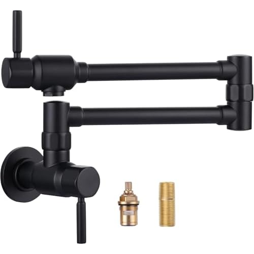 Pot Filler Faucet, Wall Mount for Kitchen Sink, Solid Brass Heavy Duty Folding Stove With Double Joint Swing Arms, 2 Handles, Matte Black