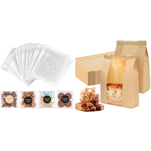 Bundle of 100PACK Self Sealing Cellophane Bag and 50 Pack Sourdough Bread Bags for Candy Popcorn Cookie